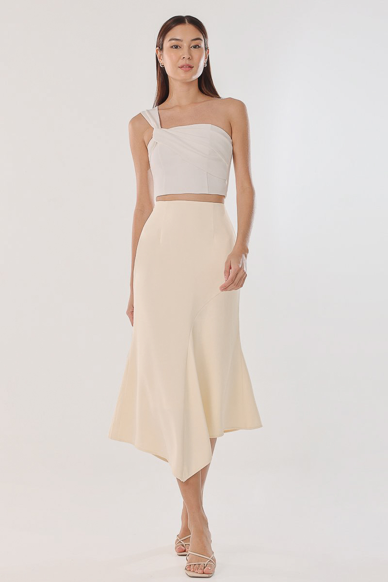 GINETTE ASYMMETRICAL DRAPE MIDAXI SKIRT (BUTTERCREAM) | Lovet