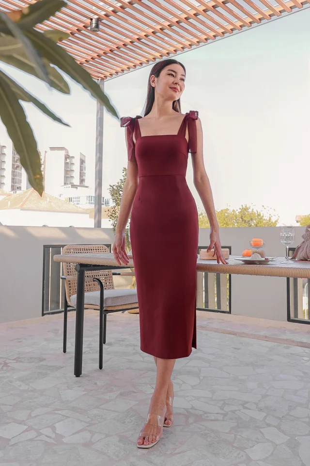 DORIS RIBBON-TIE PADDED BODYCON SLIT DRESS (WINE)