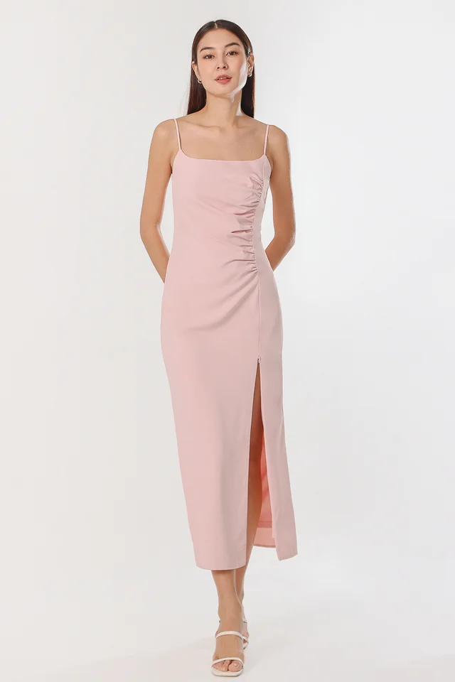 MAYA PADDED RUCHED TIE-BACK MIDAXI DRESS (SAKURA PINK)