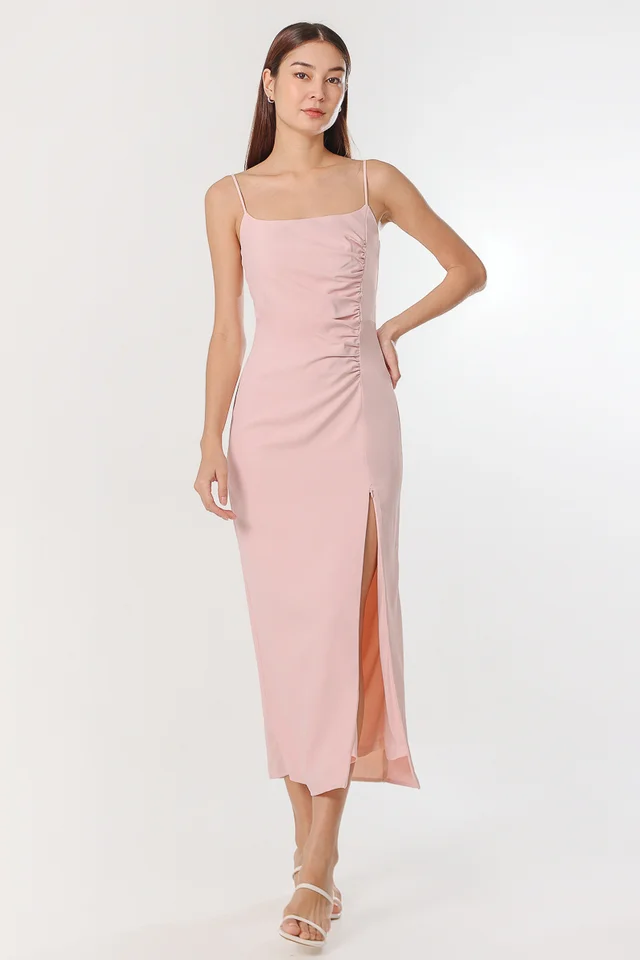 MAYA PADDED RUCHED TIE-BACK MIDAXI DRESS (SAKURA PINK)