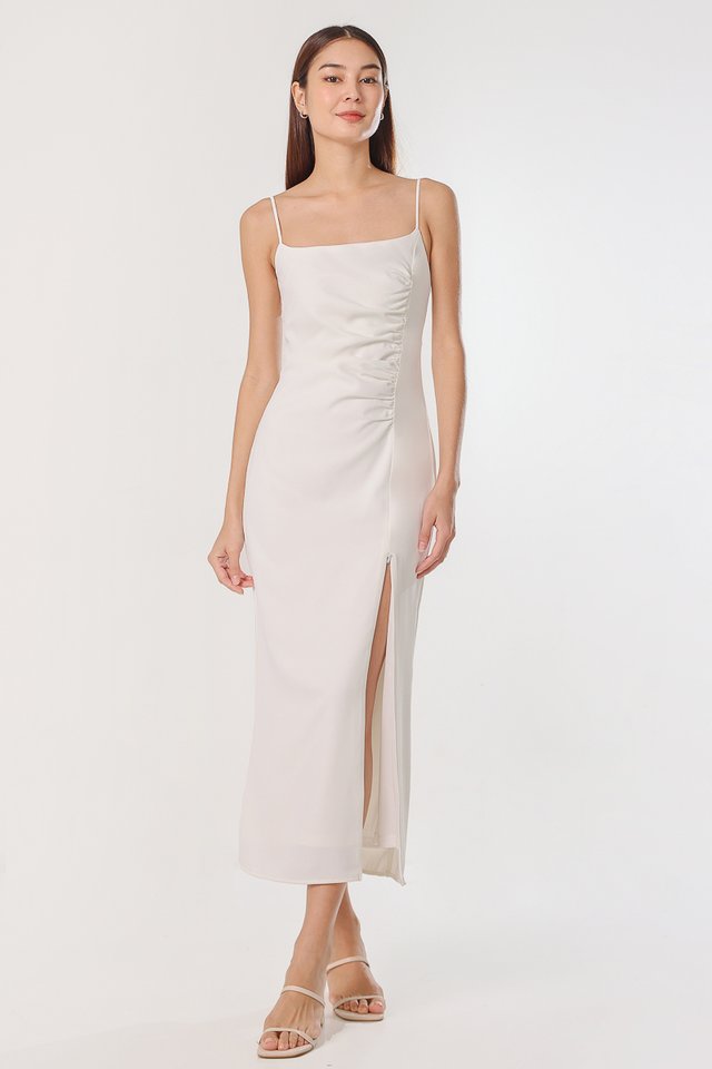 MAYA PADDED RUCHED TIE-BACK MIDAXI DRESS (WHITE)