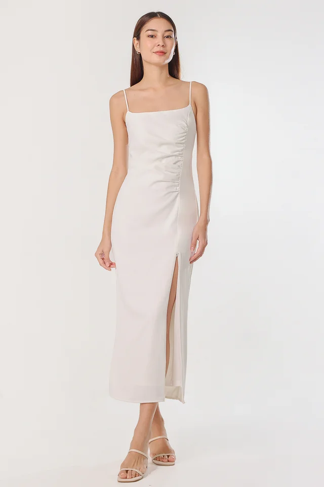MAYA PADDED RUCHED TIE-BACK MIDAXI DRESS (WHITE)