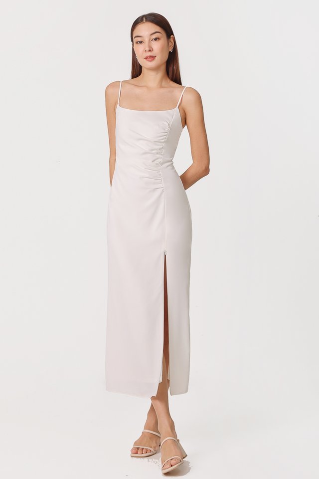 MAYA PADDED RUCHED TIE-BACK MIDAXI DRESS (WHITE)
