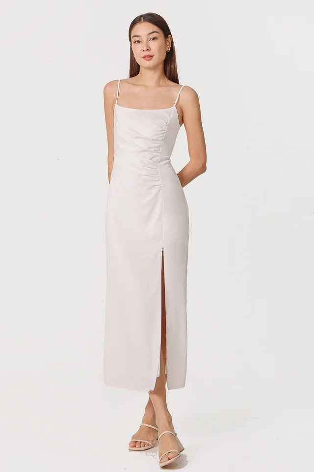 MAYA PADDED RUCHED TIE-BACK MIDAXI DRESS (WHITE)