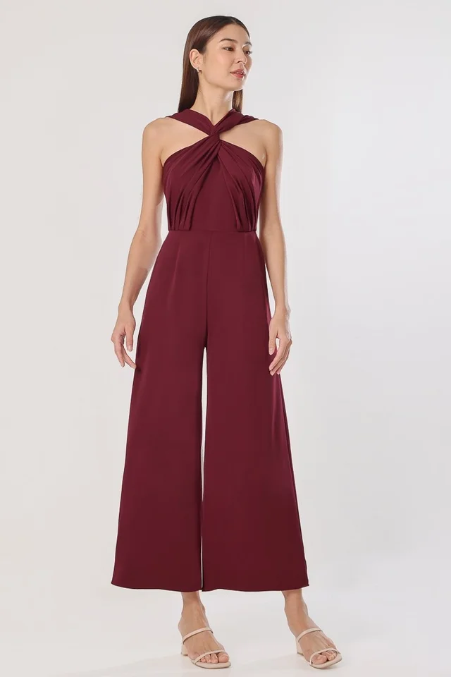 LORI TWIST KNOT PADDED JUMPSUIT (MERLOT)