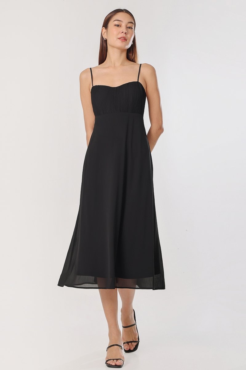 ELOISE PADDED TIE-BACK RIBBON CHIFFON MIDAXI DRESS (BLACK