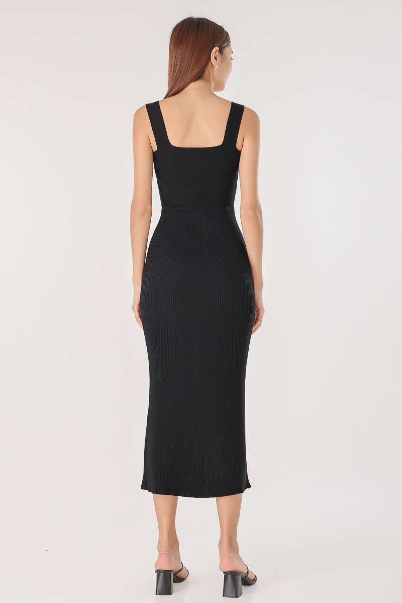 KIARA SQUARE NECK TEXTURED KNIT DRESS (BLACK) | Lovet