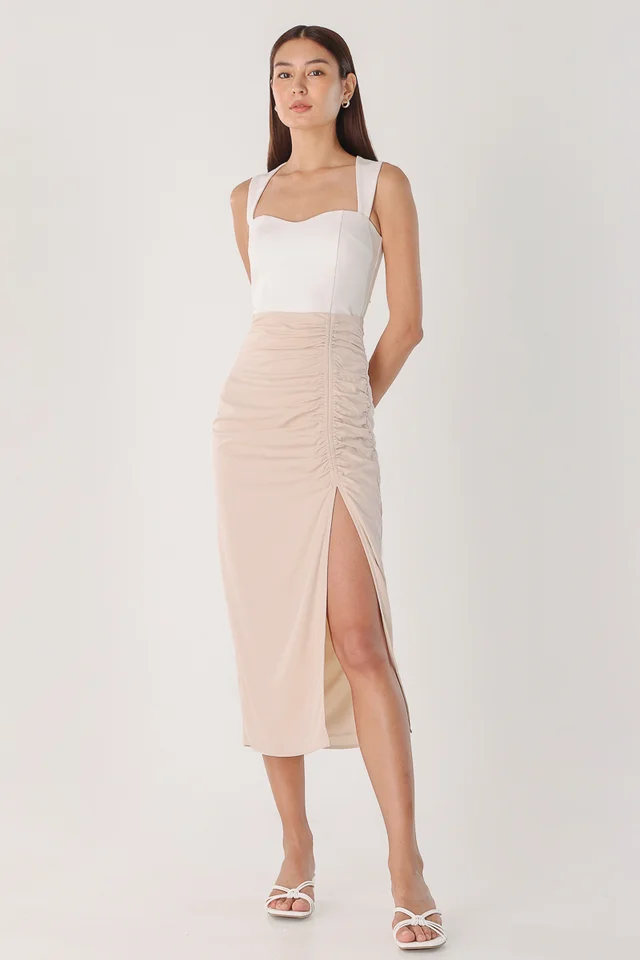 JOVENE ELASTIC RUCHED MIDAXI SKIRT (OAT)