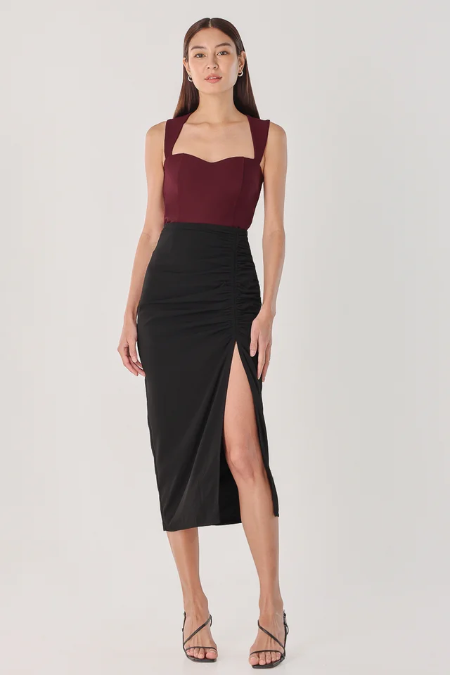 JOVENE ELASTIC RUCHED MIDAXI SKIRT (BLACK)