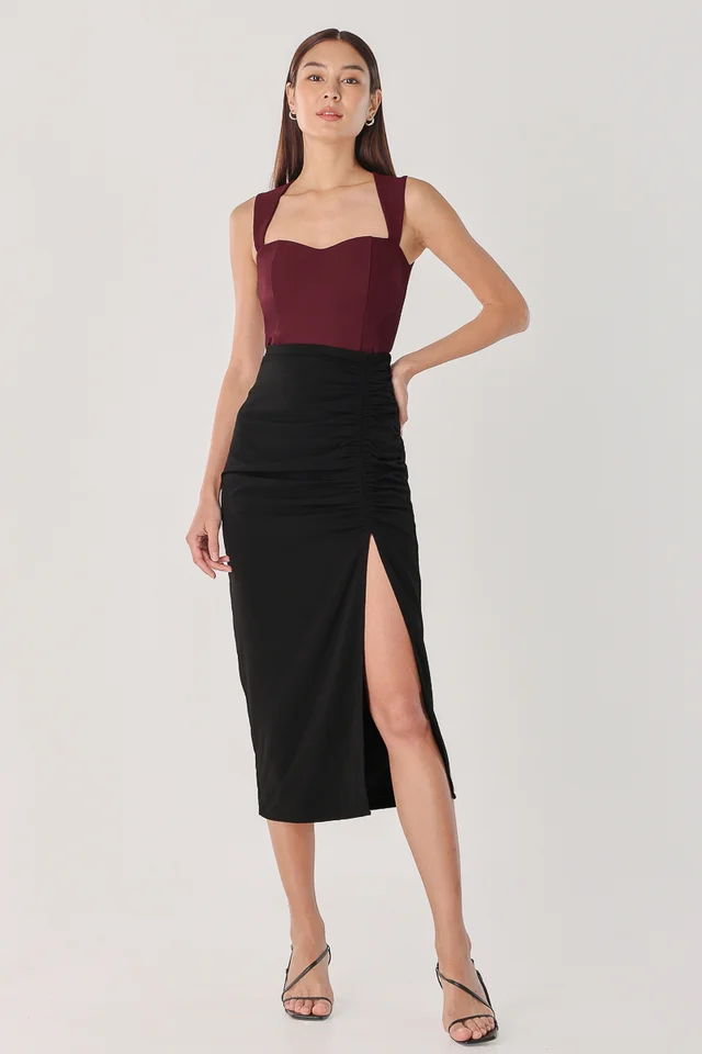 JOVENE ELASTIC RUCHED MIDAXI SKIRT (BLACK)