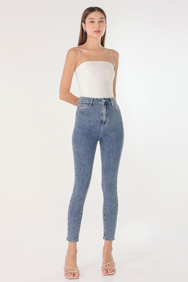 SCULPTED DENIM SKINNY JEANS (MID WASHED) - PETITE