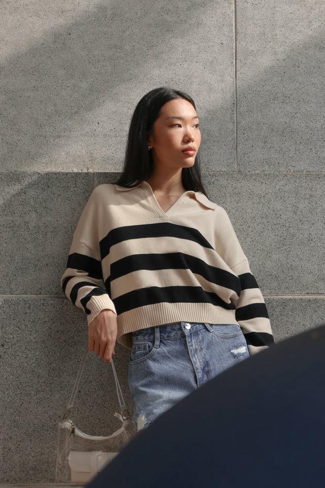 HANNAH COLLARED STRIPED PULLOVER TOP (CREAM WITH BLACK STRIPES)