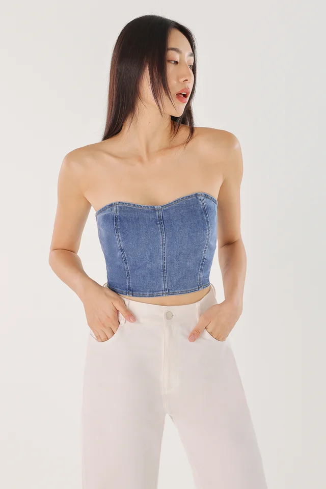 SMITTEN DENIM SWEETHEART TUBE TOP (DENIM)