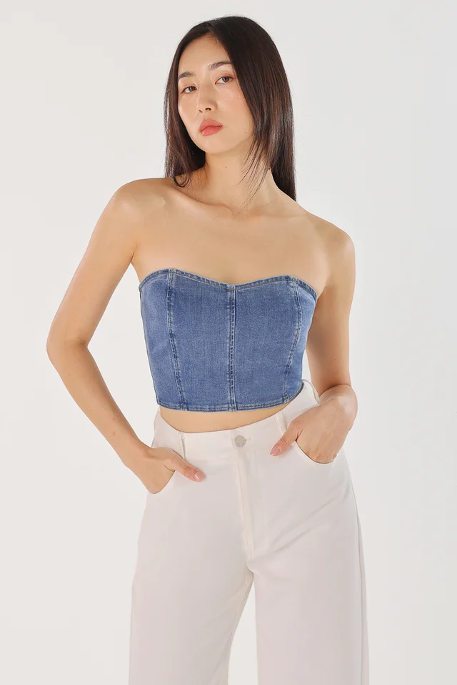 SMITTEN DENIM SWEETHEART TUBE TOP (DENIM)