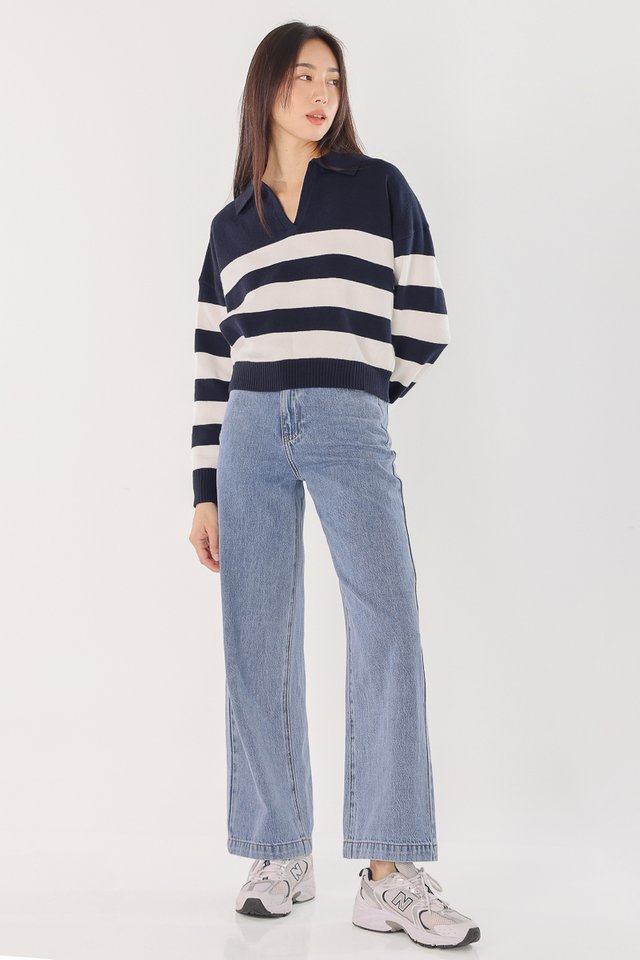 HANNAH COLLARED STRIPED PULLOVER TOP (NAVY WITH WHITE STRIPES)