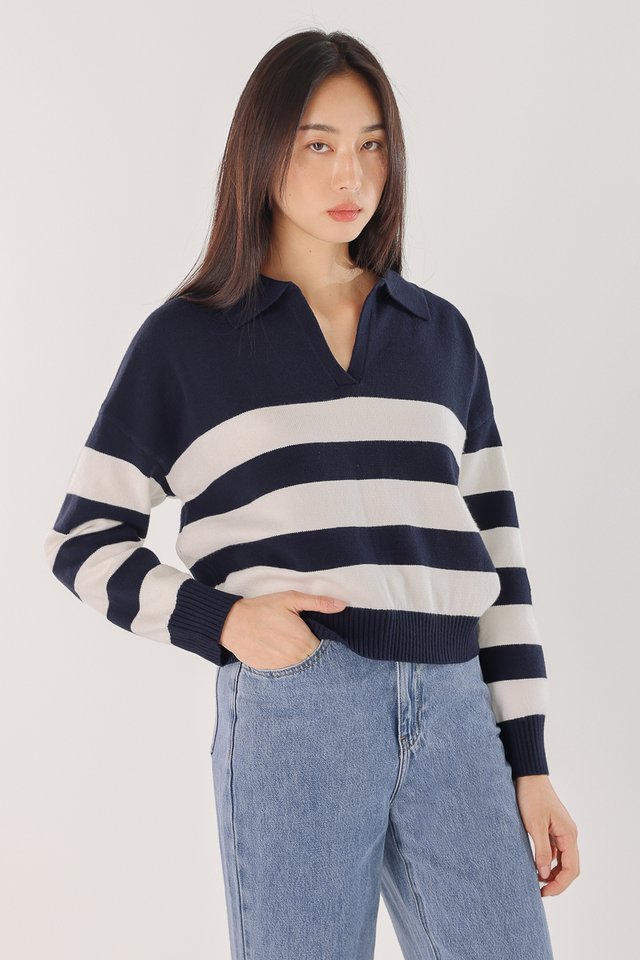 HANNAH COLLARED STRIPED PULLOVER TOP (NAVY WITH WHITE STRIPES)