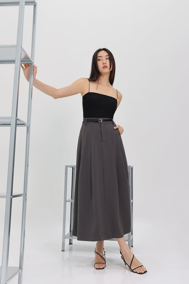 COSETTE BELTED DOUBLE PLEATED MAXI SKIRT (IRON GREY)