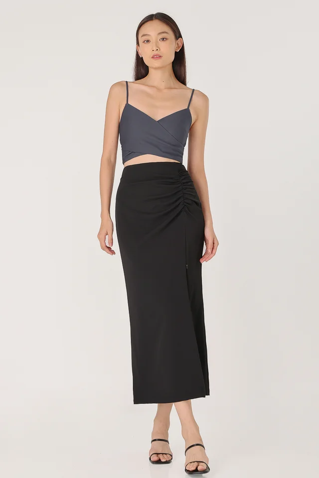 AURORA RUCHED COLUMN SLIT MAXI SKIRT - REGULAR (BLACK) 