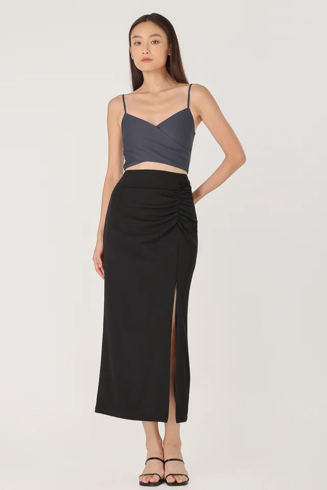 AURORA RUCHED COLUMN SLIT MAXI SKIRT - PETITE (BLACK) 