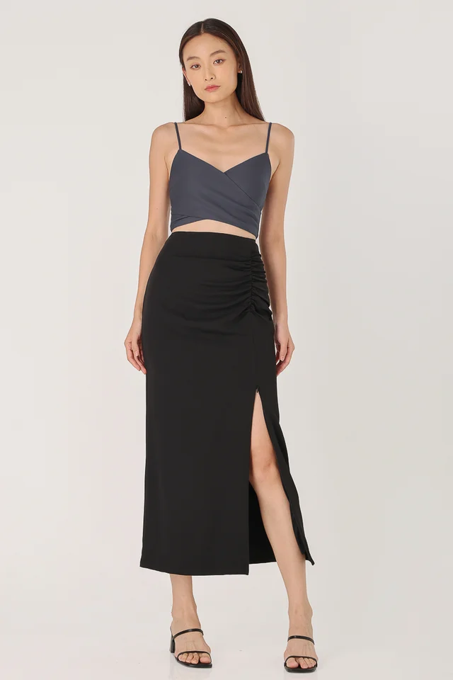 AURORA RUCHED COLUMN SLIT MAXI SKIRT - REGULAR (BLACK) 