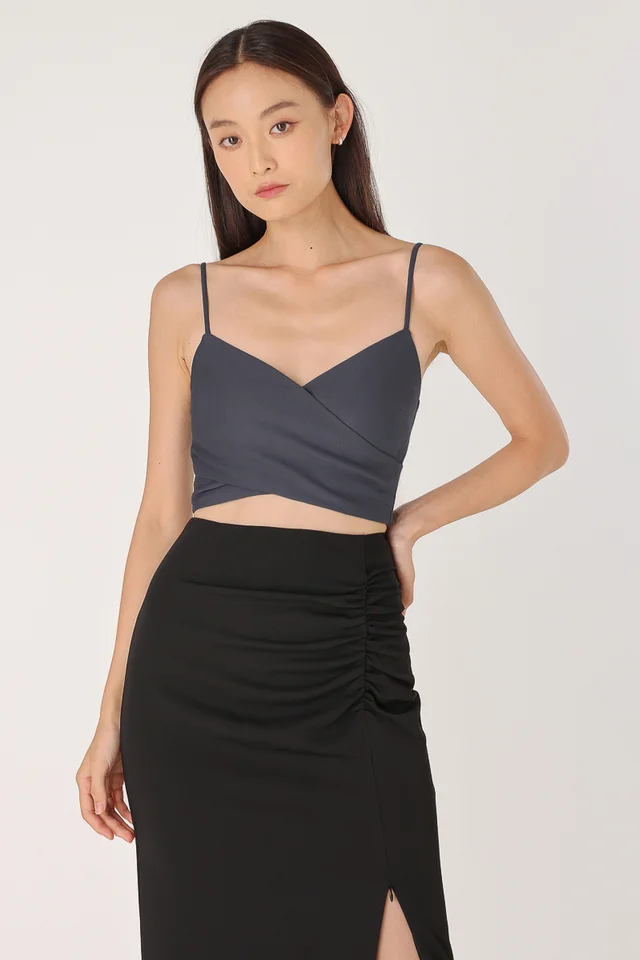 BETHANY PADDED CAMI WRAP RUCHED TOP (OXFORD GREY) 