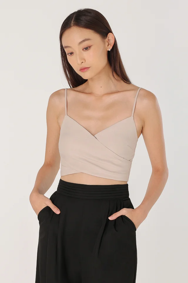 BETHANY PADDED CAMI WRAP RUCHED TOP (GREIGE) 
