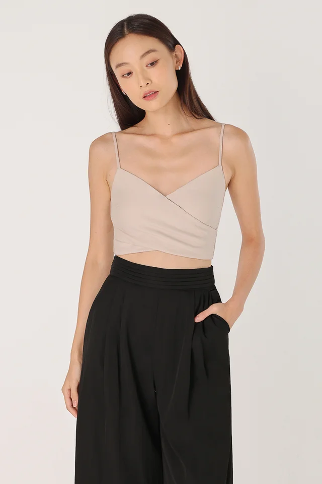 BETHANY PADDED CAMI WRAP RUCHED TOP (GREIGE) 