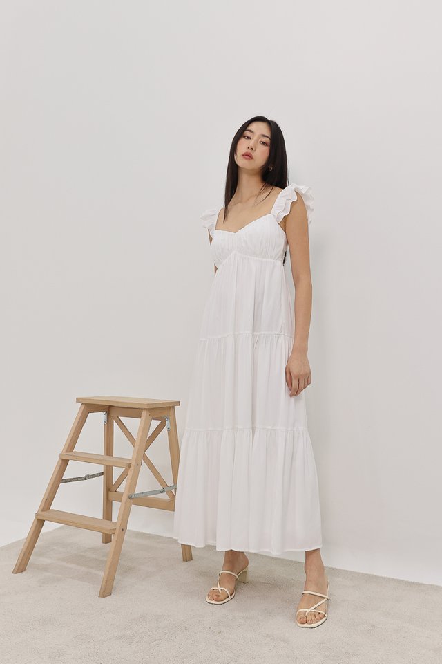 ROSALIE PADDED RUCHED RUFFLES MIDAXI DRESS (WHITE)