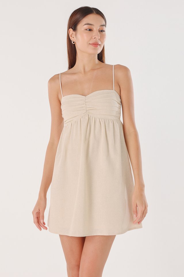 ELIA PADDED LINEN RUCHED BABYDOLL CAMI DRESS (OAT)