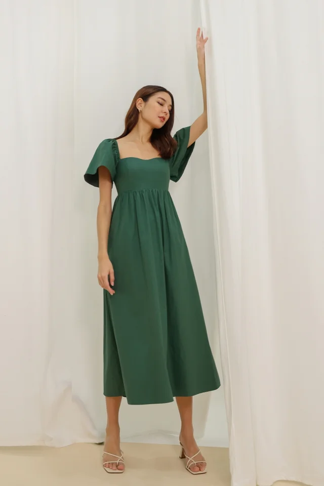 LUCINDA PADDED FLUTTER SLEEVE MIDAXI DRESS (CASTLETON GREEN)