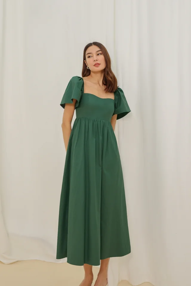 LUCINDA PADDED FLUTTER SLEEVE MIDAXI DRESS (CASTLETON GREEN)