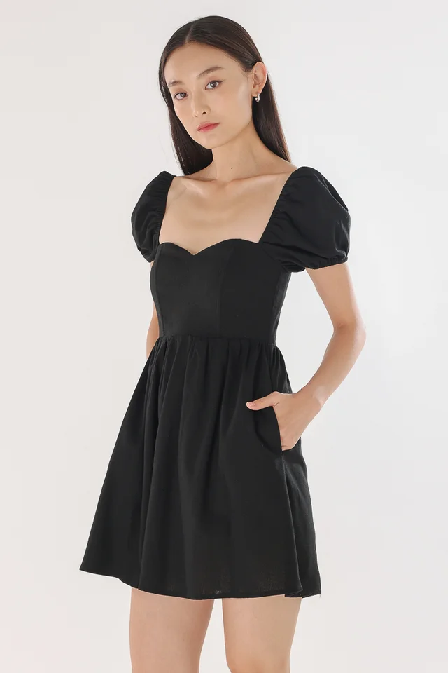 LARA PADDED LINEN SWEETHEART SKORTS DRESS (BLACK)