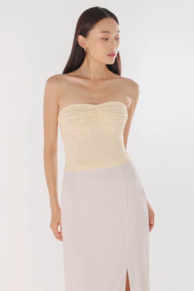 VONNA PADDED LINEN RUCHED 2-WAY TUBE TOP (CRÈME) 