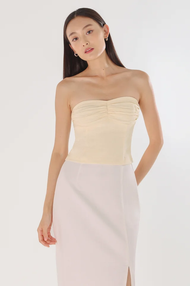 VONNA PADDED LINEN RUCHED 2-WAY TUBE TOP (CRÈME) 