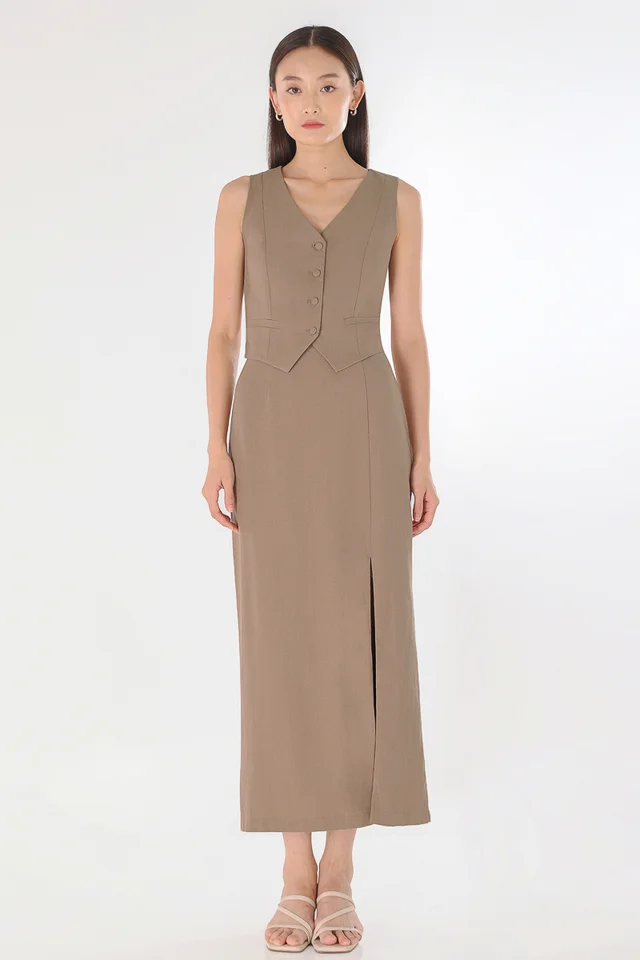 DANIELLE LINEN FRONT SLIT MIDAXI SKIRT - REGULAR (COFFEE)
