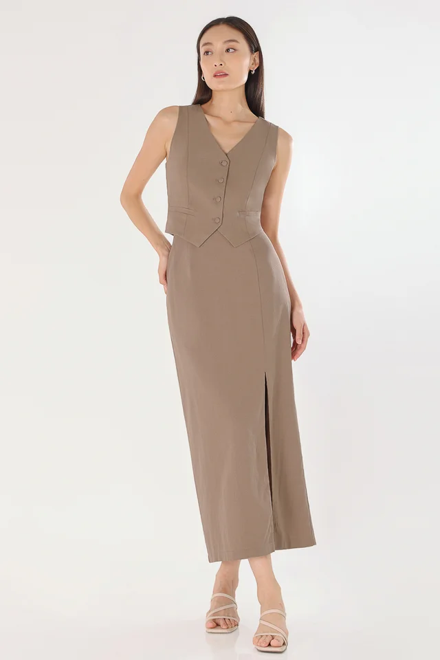 DANIELLE LINEN FRONT SLIT MIDAXI SKIRT - REGULAR (COFFEE)
