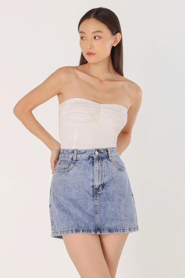 VONNA PADDED LINEN RUCHED 2-WAY TUBE TOP (WHITE) 