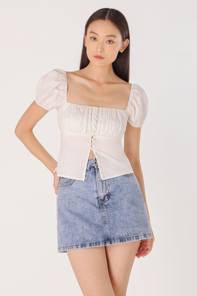 BELLE PADDED BUTTON THROUGH PUFF SLEEVE TOP (WHITE) 