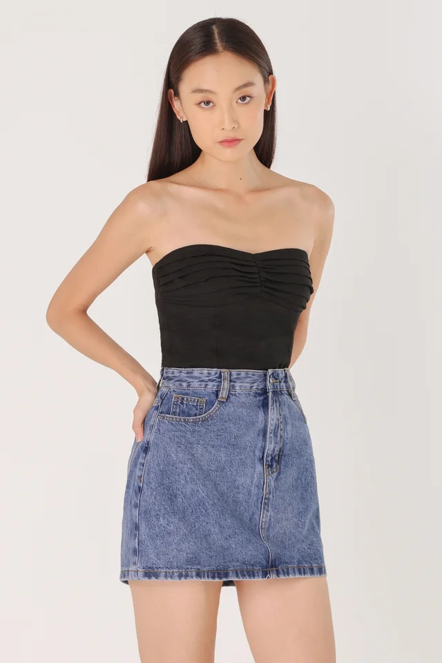 VONNA PADDED LINEN RUCHED 2-WAY TUBE TOP (BLACK) 