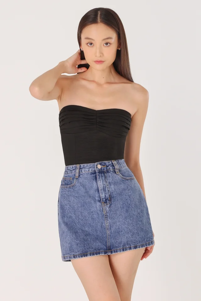VONNA PADDED LINEN RUCHED 2-WAY TUBE TOP (BLACK) 