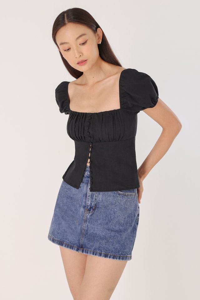 BELLE PADDED BUTTON THROUGH PUFF SLEEVE TOP (BLACK) 