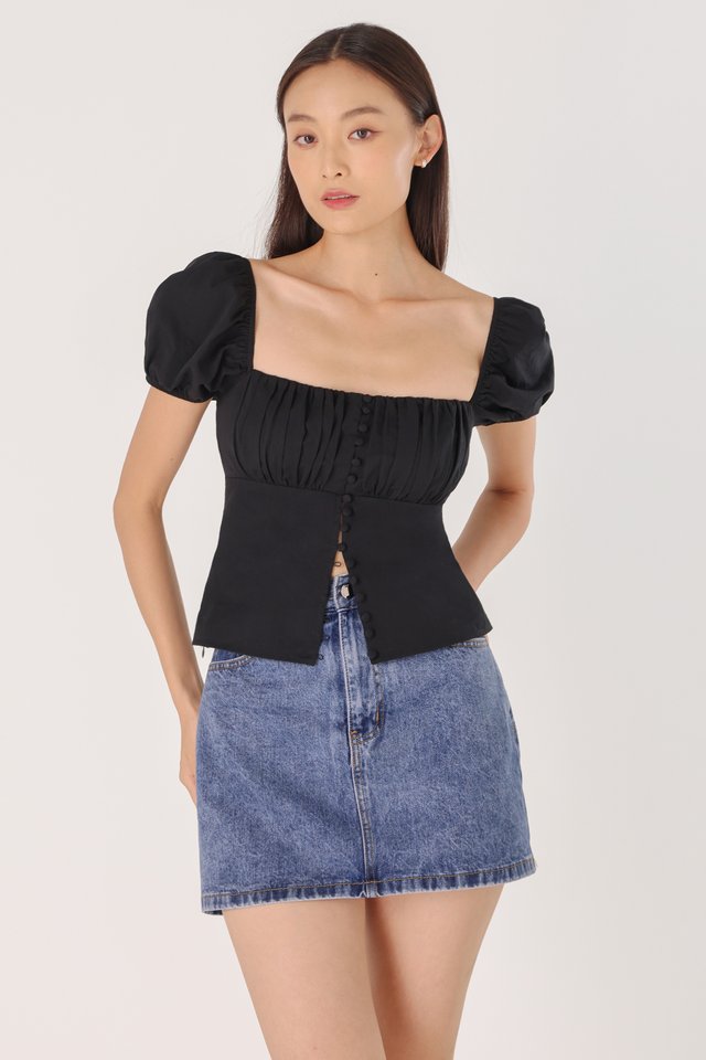 BELLE PADDED BUTTON THROUGH PUFF SLEEVE TOP (BLACK) 
