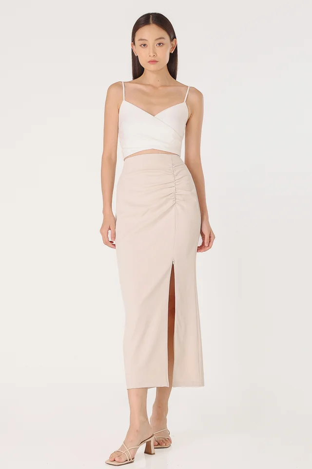 AURORA RUCHED COLUMN SLIT MAXI SKIRT - REGULAR (CHALK)
