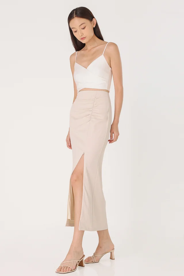 AURORA RUCHED COLUMN SLIT MAXI SKIRT - REGULAR (CHALK)