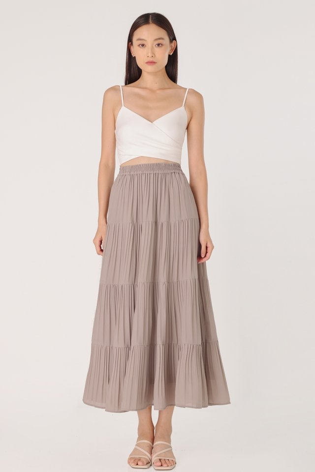 ROSELLE PLEATED TIERED FLARE MAXI SKIRT - PETITE (TAUPE) 