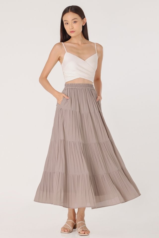 ROSELLE PLEATED TIERED FLARE MAXI SKIRT - PETITE (TAUPE) 