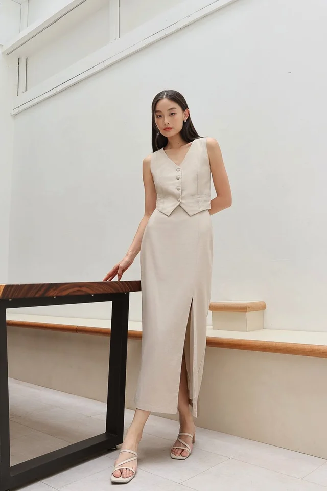 DANIELLE LINEN FRONT SLIT MIDAXI SKIRT - REGULAR (NATURAL)
