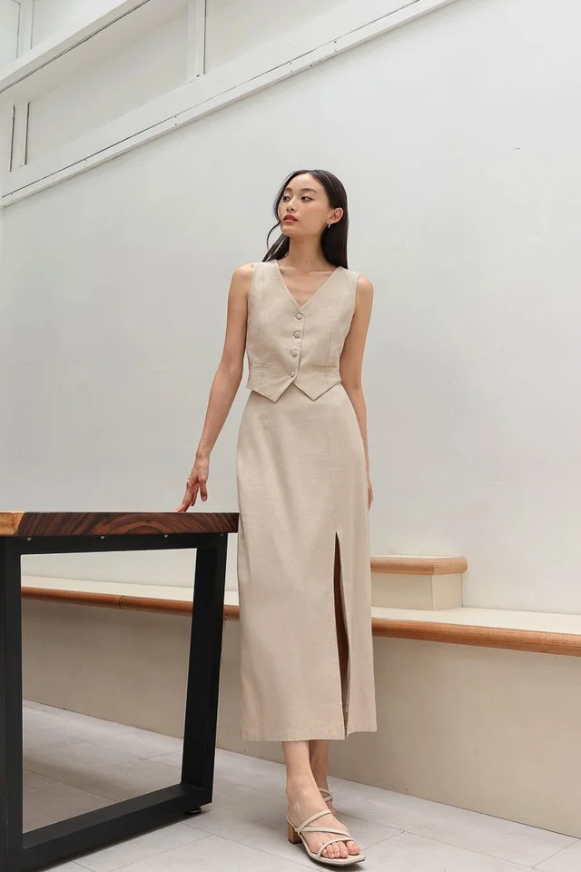 DANIELLE LINEN FRONT SLIT MIDAXI SKIRT - REGULAR (NATURAL)