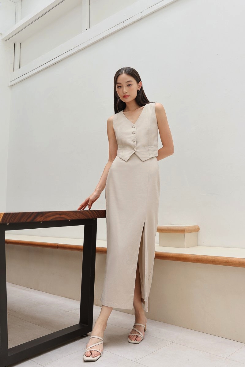 DANIELLE LINEN FRONT SLIT MIDAXI SKIRT - REGULAR (NATURAL) | Lovet