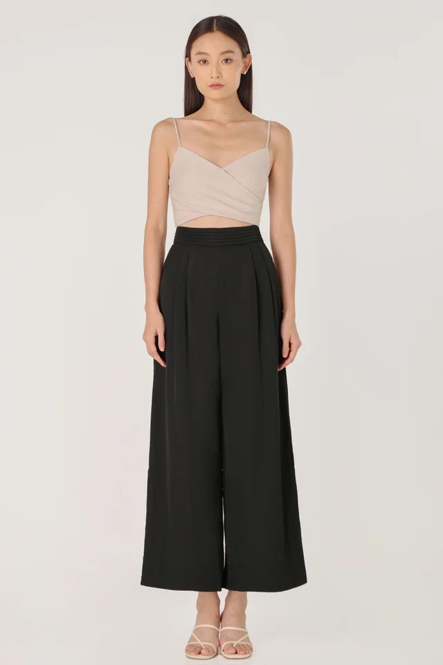 JESSE LINEN PLEATED WAISTBAND WIDE LEG PANTS (BLACK)
